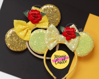 Mouse ears, Princess Belle mouse ear headband, Princess ears with Rose, yellow gold ears, Costume ears for kids and adult, Mouse headband