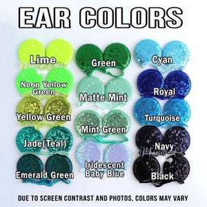 May include: A collection of 12 pairs of sequin ear headbands in various colors, including lime, green, cyan, neon yellow, matte mint, royal, yellow green, turquoise, mint green, jade, navy, iridescent baby blue, emerald green, and black.  The text "EAR COLORS" is at the top of the image.  The text "DUE TO SCREEN CONTRAST AND PHOTOS, COLORS MAY VARY" is at the bottom of the image.