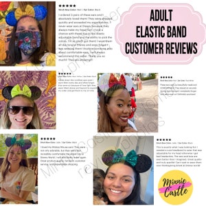 May include: Customer reviews for Minnie Castle adult elastic headband ear headbands. The reviews highlight the comfort, quality, and style of the headbands. The headbands are available in a variety of colors, including red, black, jade, and yellow.