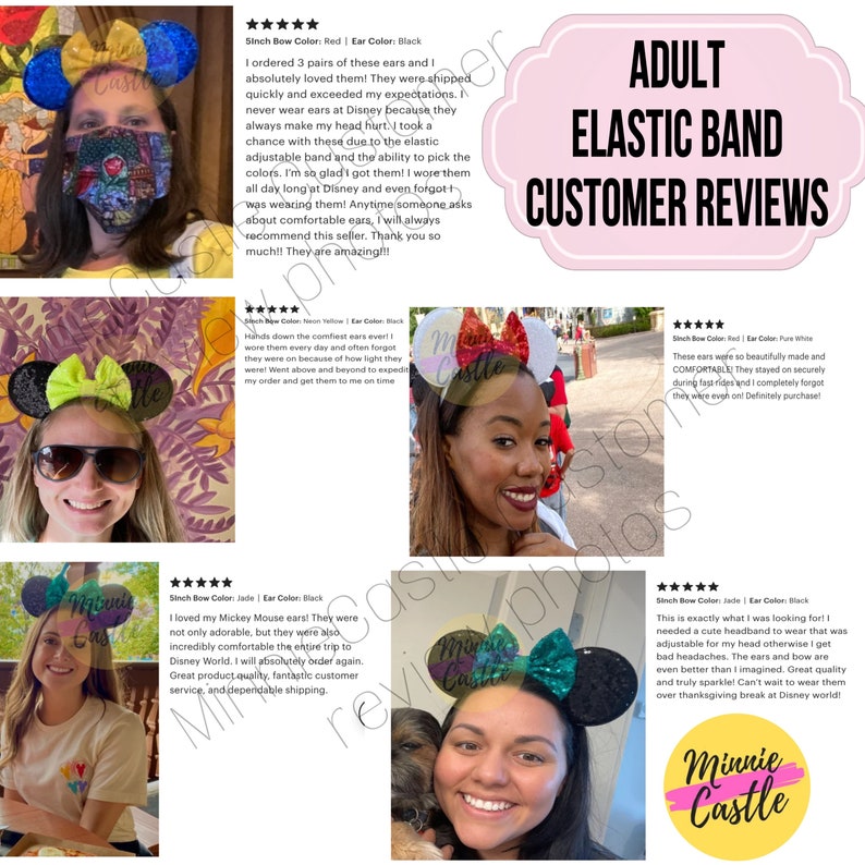 May include: Customer reviews for Minnie Castle adult elastic headband ear headbands. The reviews highlight the comfort, quality, and style of the headbands. The headbands are available in a variety of colors, including red, black, jade, and yellow.