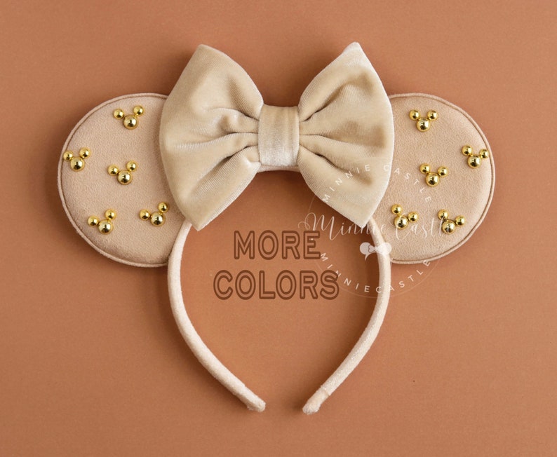 Beige Mickey Ears, Mickey Ears, Gold Minnie Charm Mouse Ears, Minnie Ears, Velvet Mouse Ears, Beige and Gold Minnie Ears, Mickey Ears gifts image 1