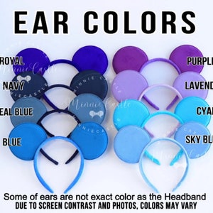 May include: A selection of ear headbands in shades of blue, purple, and cyan. The image displays the text "EAR COLORS" at the top, with color names including "ROYAL", "NAVY", "TEAL BLUE", "BLUE", "PURPLE", "LAVENDER", "CYAN", and "SKY BLUE".