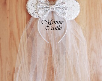 Disney White Sequin Bride Rose Gold Bow Veil Ears Amazon.com: CLGIFT Bride Minnie Ears Headband: White Veil  main image 3