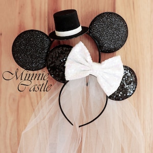 Bride & Groom ears, Bride ears, Bride Minnie mouse ears , White Bride Mickey ears Headband, honeymoon ears, Wedding ears, engagement ears image 2