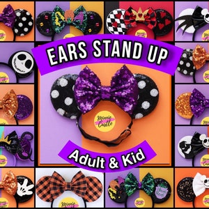 Op de afbeelding: Een verzameling Halloween-thema Minnie Mouse oren met verschillende ontwerpen, waaronder zwart-witte stippen, oranje en paarse glitters en een Jack Skellington ontwerp. De oren zijn gelabeld "Ears Stand Up" en "Adult & Kid".