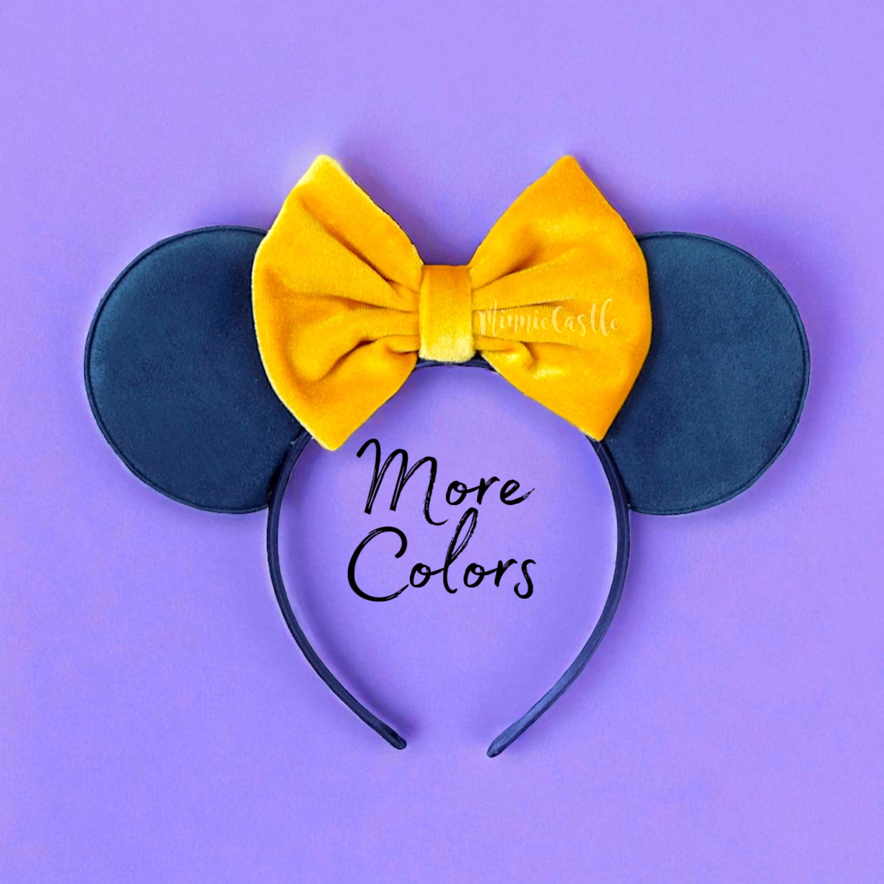 Disney Navy Minnie Ear Headband with Beige Bow and Castle Patch Navy & White Velvet Bow Mouse Ears, Mickey Charm Headband by  main image 2