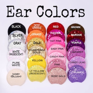 May include: A chart of 18 different colors of ear headbands, with each color labeled. The colors include black, silver, gray, white, ivory, deep orange, orange, gold, champagne gold, yellow, light yellow, red, fuchsia, hot pink, baby pink, candy pink, pink, rose gold, brown, maroon, purple, lavender, candy lilac, and light purple.