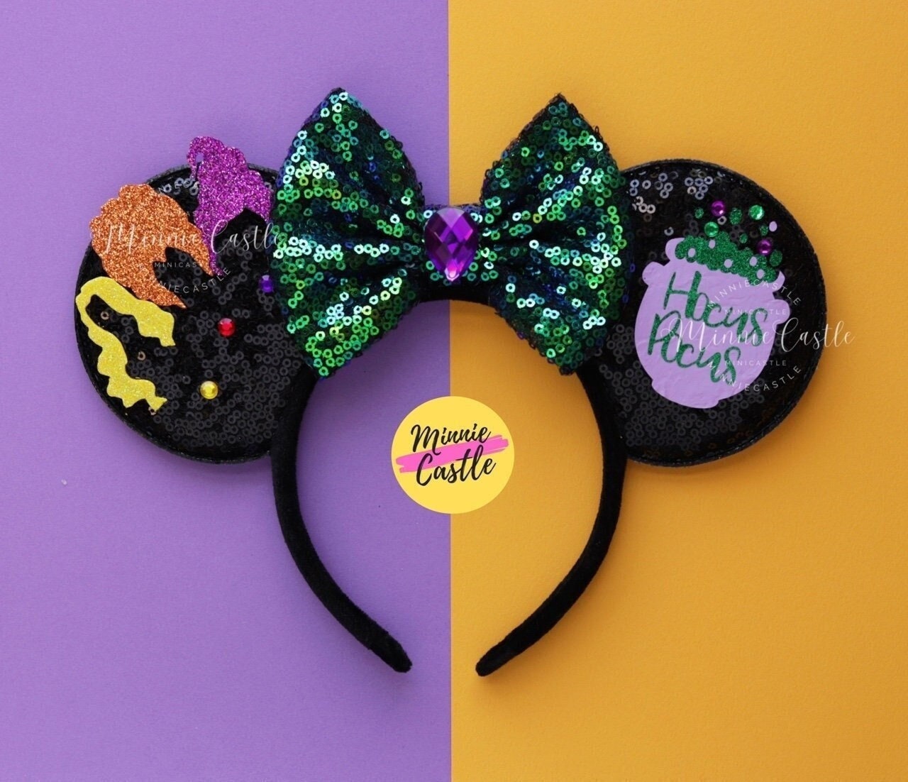 2025 Disney Parks Black Hocus Pocus fun Minnie Mouse Ears Green bow Headband bj16657.jpg main image 4