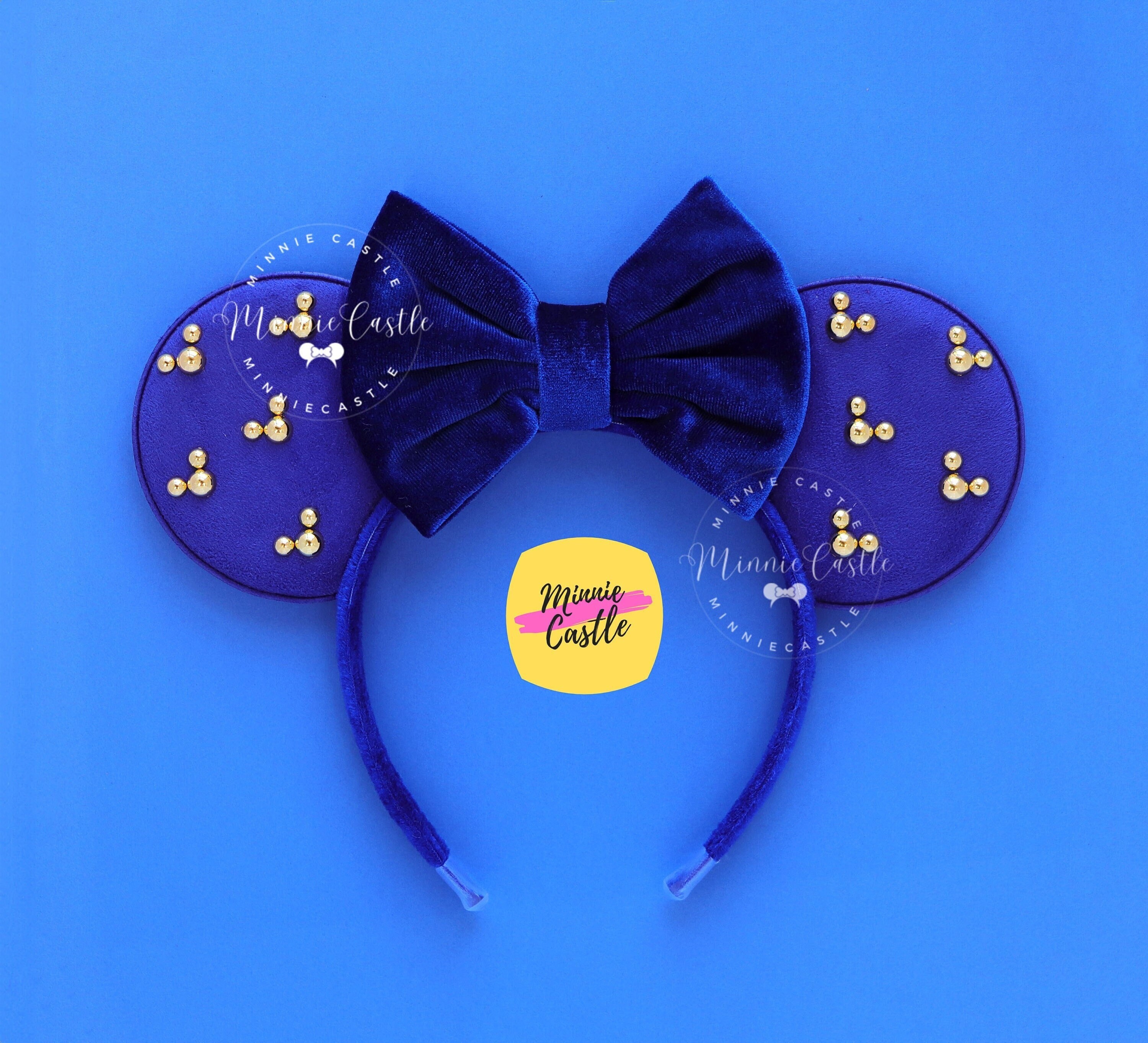 Royal Blue Velvet Ears, Gold Mouse Charm Ear, Mickey Ears, Minnie Headband, Non Glitter Mickey Ears with Gold Rhinestones, Mickey Pearl Ears
