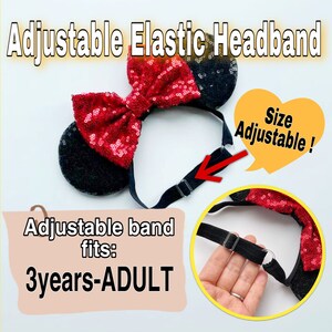 May include: Red and black sequined headband with adjustable elastic band. The headband features a bow and two mouse ears. The text "Size Adjustable!" and "Adjustable band fits: 3years-ADULT" is visible in the image.