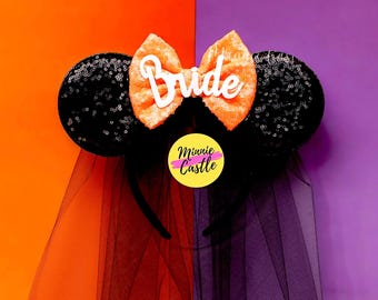 Orejas de ratón de novia de Halloween con velo negro, orejas de Mickey, orejas de Minnie de novia, orejas de Mickey de novia naranja y negro, diadema con orejas de ratón para regalo