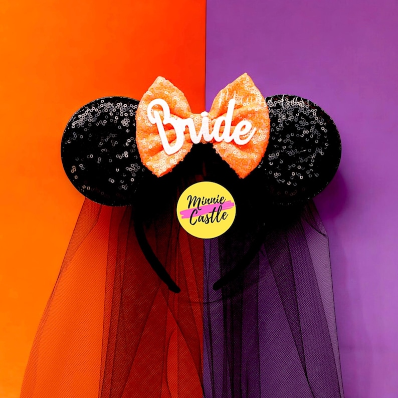 Halloween Bride Mouse Ears with Black Veil, Mickey Ears, Bride Minnie Ears, Orange Black Bride Mickey Ears, Mouse Ears Headband for Gift image 1