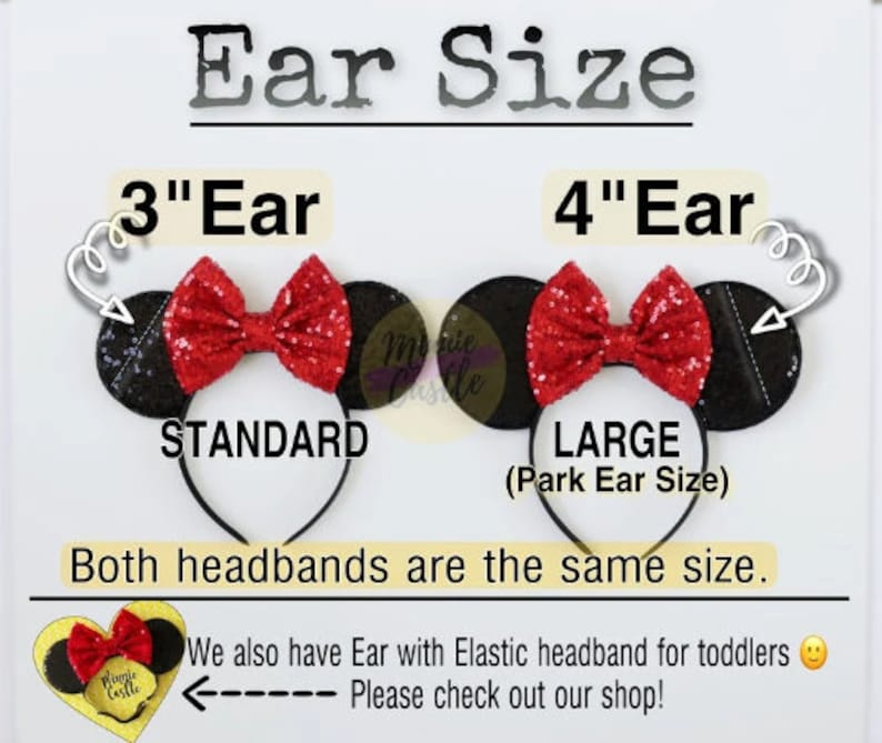 May include: Two pairs of black mouse ears with red sequined bows. The smaller pair is labeled "3" inch ear, standard" and the larger pair is labeled "4" inch ear, large (Park Ear Size)". Both headbands are the same size.