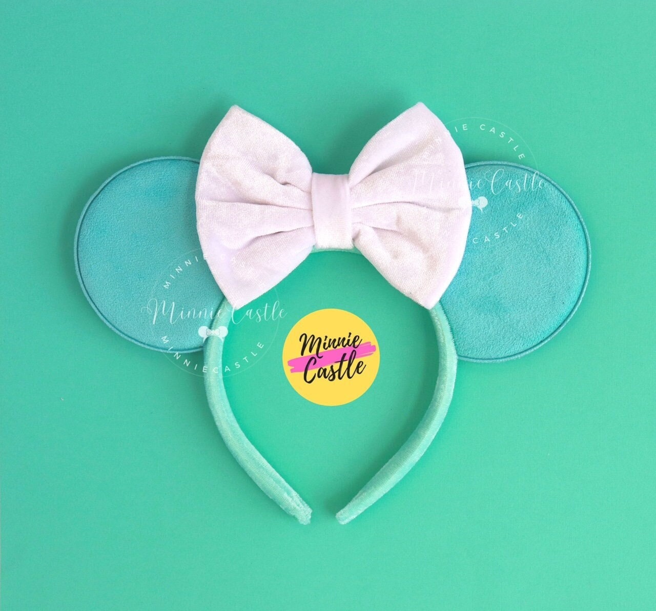 Teal Velvet Mouse Ears, Mickey Ears White Bow, Non-glitter  display picture 2