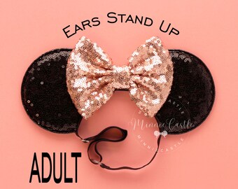 Minnie Ears, Rose gold Mickey Ears, Adult Mickey Ears, Women Mouse Ears, Minnie Ears Elastic band, Mickey Ears, Comfortable No Headache Ears