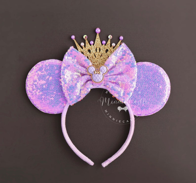 Rose Gold Mickey Ears with Crown, Minnie Ears, Mickey Ears, Princess Ears, Rose Gold Mouse Ears Headband, Birthday Ears, Mickey Ears Lavender/Large Crown