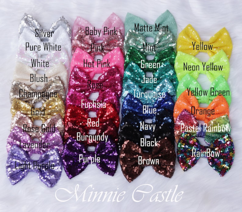 May include: A collection of 24 sequined bows in various colors, including silver, white, baby pink, hot pink, rose, fuchsia, red, burgundy, purple, light purple, lavender, rose gold, gold, champagne, blush, matte mint, mint, green, jade, turquoise, blue, navy, black, brown, yellow, neon yellow, yellow green, orange, pastel rainbow, and rainbow. The bows are arranged in two rows of 12, with the text "Minnie Castle" at the bottom.