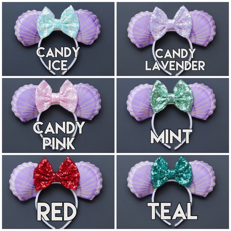 May include: A collection of six headbands with seashell-shaped ears in lavender, each featuring a sequined bow in various colors: Candy Ice, Candy Lavender, Candy Pink, Mint, Red, and Teal. The text on each headband indicates the color.