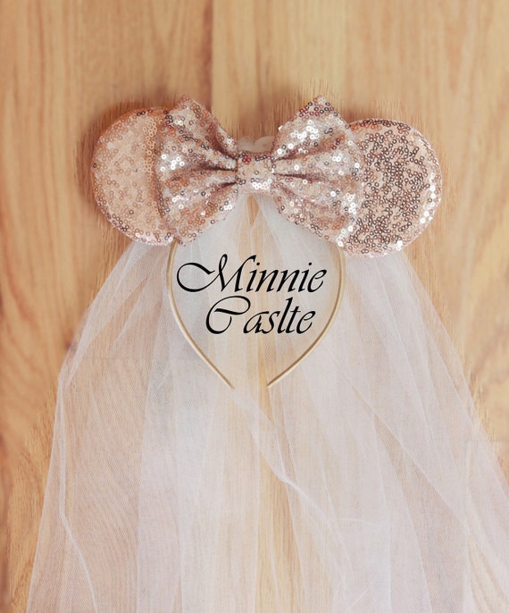 Rose Gold Sequin Bride Mouse Ears With Veil, Mickey Ears by  display picture 1