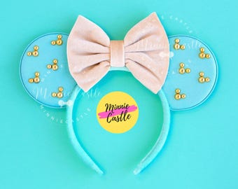 Mouse Ears with Gold Mickey Pearls, Rhinestone Minnie Ears, Beige Velvet Bow Headband, Mickey Ears for Kids & Adults, Custom Color Ears Gift