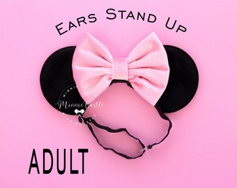 Pink Mickey Ears, Adult Mickey Ears, Women Mouse Ears, Mickey Ears, Minnie Ears, Mouse Ears with Elastic Headband, Pink Bow Black Ears