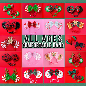 Christmas Minnie Ears, Christmas Minnie Ears with Elastic Headband, Mickey Ears, Christmas Ears, Holiday Mouse Ears, No Headache Mickey Ears