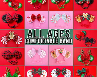 Christmas Minnie Ears, Christmas Minnie Ears with Elastic Headband, Mickey Ears, Christmas Ears, Holiday Mouse Ears, No Headache Mickey Ears