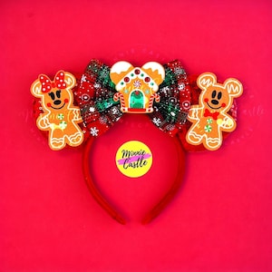 Christmas Gingerbread Ears, Mickey Ears, Holiday Minnie Ears, Mouse Ears Headband with Candy House, Christmas Gift for Adults and  Kids