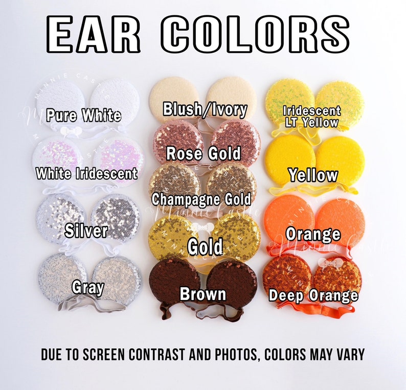 May include: A chart showing different colors of ear headbands. The colors include: pure white, blush/ivory, iridescent light yellow, rose gold, white iridescent, champagne gold, yellow, orange, silver, gold, gray, brown, and deep orange. The text "EAR COLORS" is at the top of the chart. The text "DUE TO SCREEN CONTRAST AND PHOTOS, COLORS MAY VARY" is at the bottom of the chart.