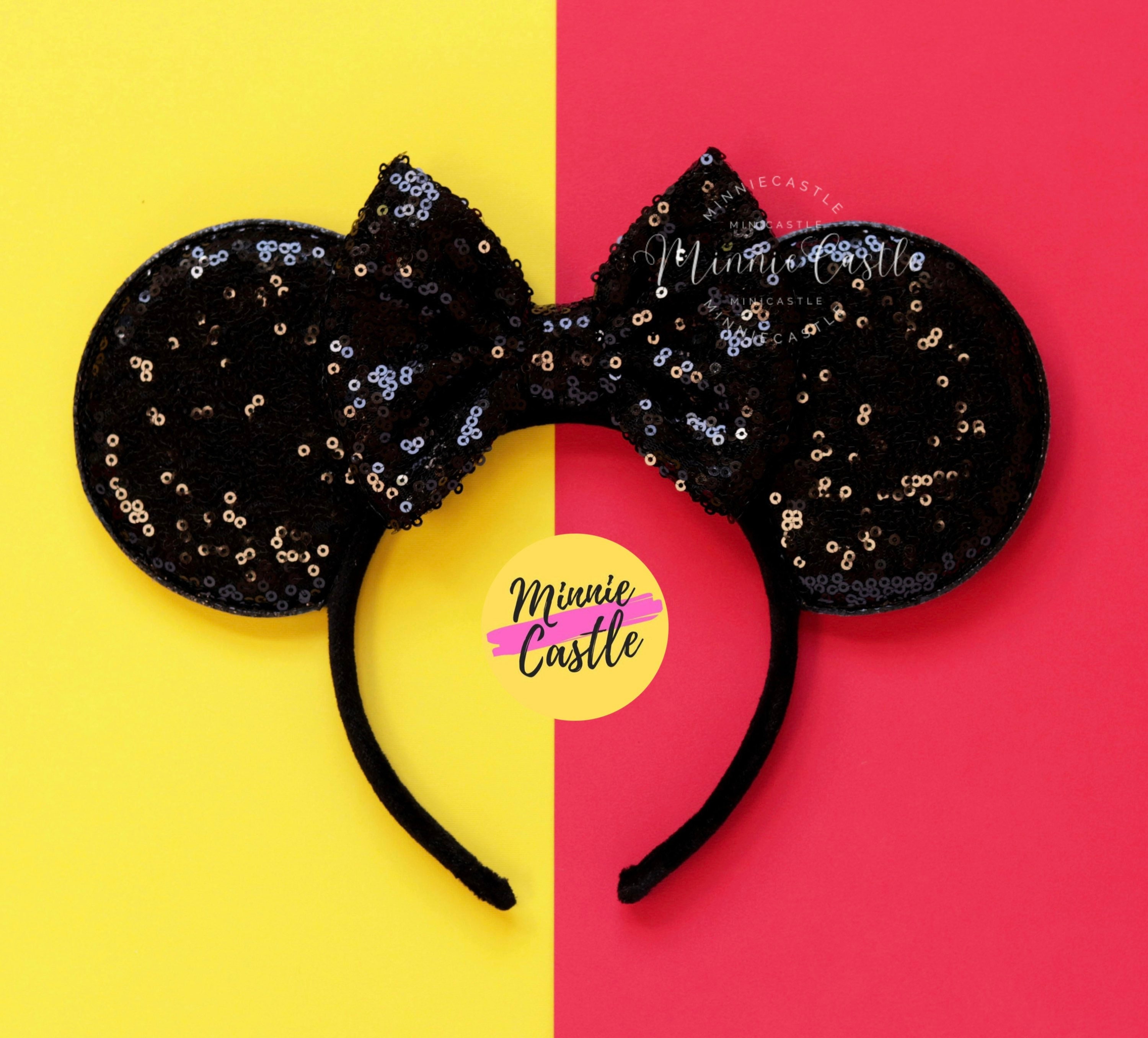 Minnie Ears Disney Parks Castle Jewel Silver Sequins Mickey Mouse Bow Headband 