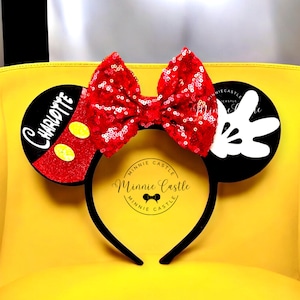 Personalized Minnie Ears, Red Black Mouse Pants Ears, Birthday Mickey Ears Gift for Girls, Mouse Ears Headband with Custom Name, Mickey Hand