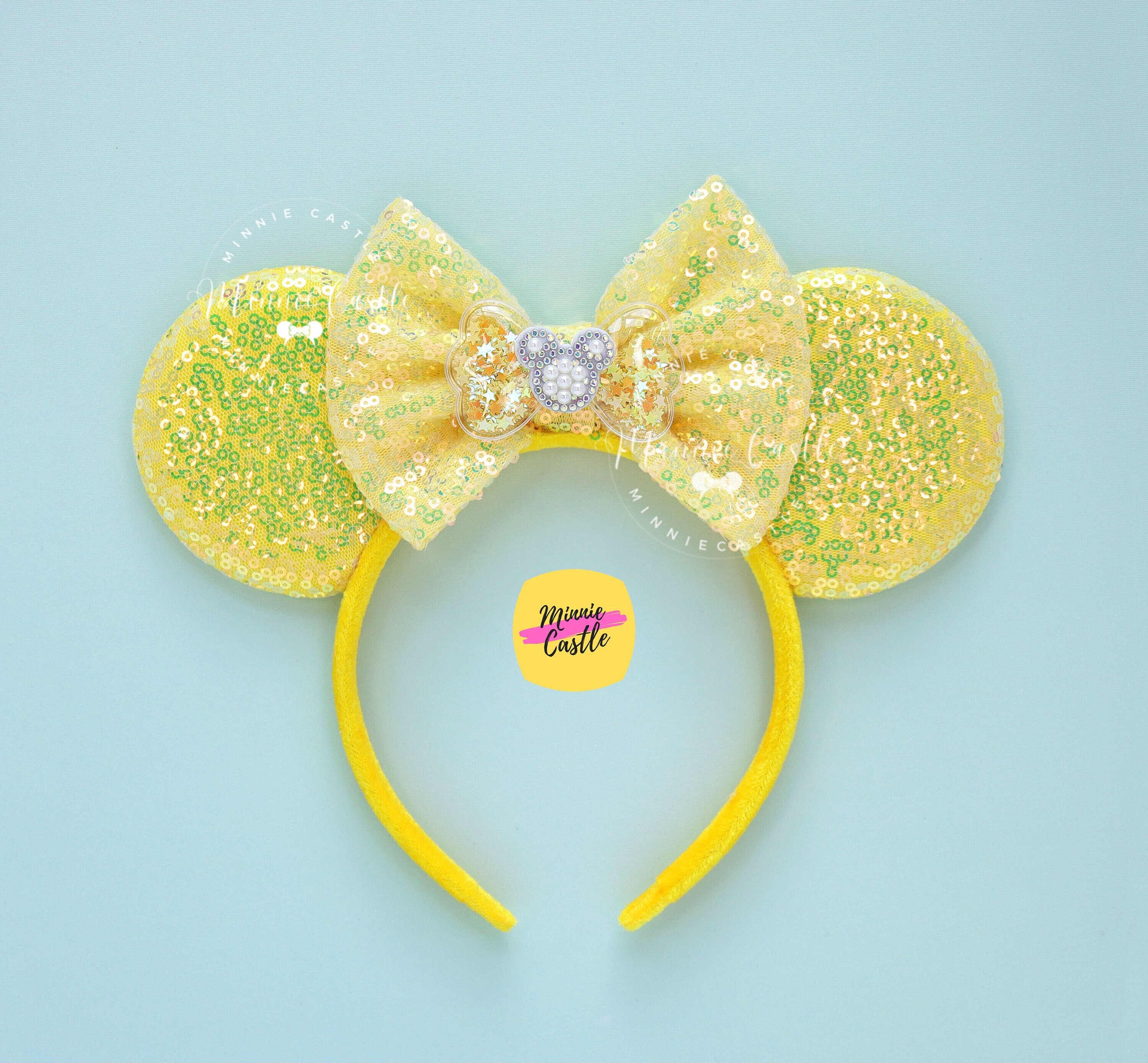Disney Butter Yellow Sequin Minnie Ears Headband with Puffy Satin Bow New Kelly Green and Yellow Sequined Minnie Ear Headbands  main image 3