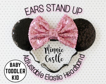 Minnie ears, Baby toddlers Mickey ears, Mouse ears with adjustable elastic headband, Pink and black sequin ears, Stretch band Mickey ears