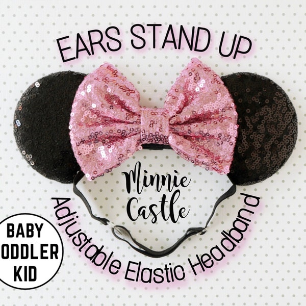 Minnie ears, Baby toddlers Mickey ears, Mouse ears with adjustable elastic headband, Pink and black sequin ears, Stretch band Mickey ears