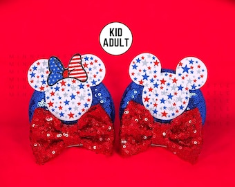 Vaterländische Maus Ohr Haarspangen, Minnie Ohren, 4. Juli Mickey Clip für Kinder & Erwachsene, Geschenk zum Unabhängigkeitstag, amerikanische Flagge rot weiß blau