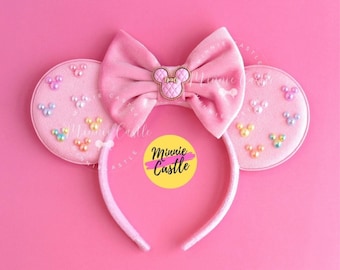 Orejas de ratón con perlas pastel, orejas de Mickey, orejas de Minnie rosas, lazo de terciopelo, diadema con orejas de ratón con perlas, ideal como regalo de San Valentín para niñas y mujeres.