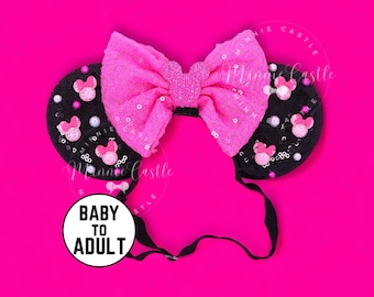 Hot Pink & Black Mouse Ears, Mickey Ears, Minnie Ears for Babies, Kid Minnie CharmEars for Birthday Gift, Woman Mickey Ears Elastic Headband