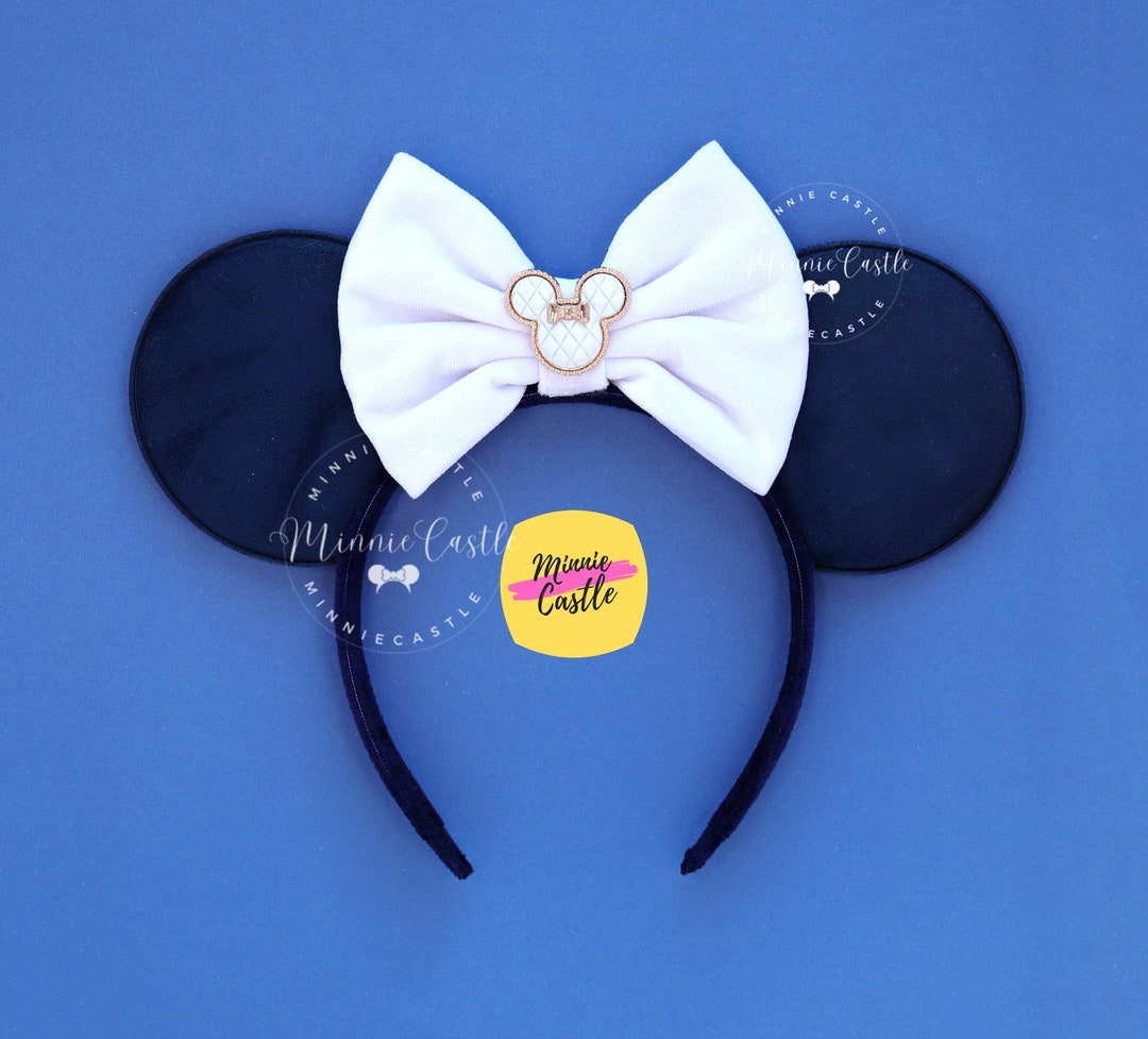 Disney Navy Minnie Ear Headband with Beige Bow and Castle Patch Navy & White Velvet Bow Mouse Ears, Mickey Charm Headband by  main image 4