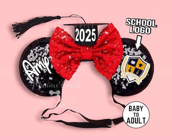 Custom School Logo Graduation Mickey Ears: Class of 2025 Sequin Mouse Ears