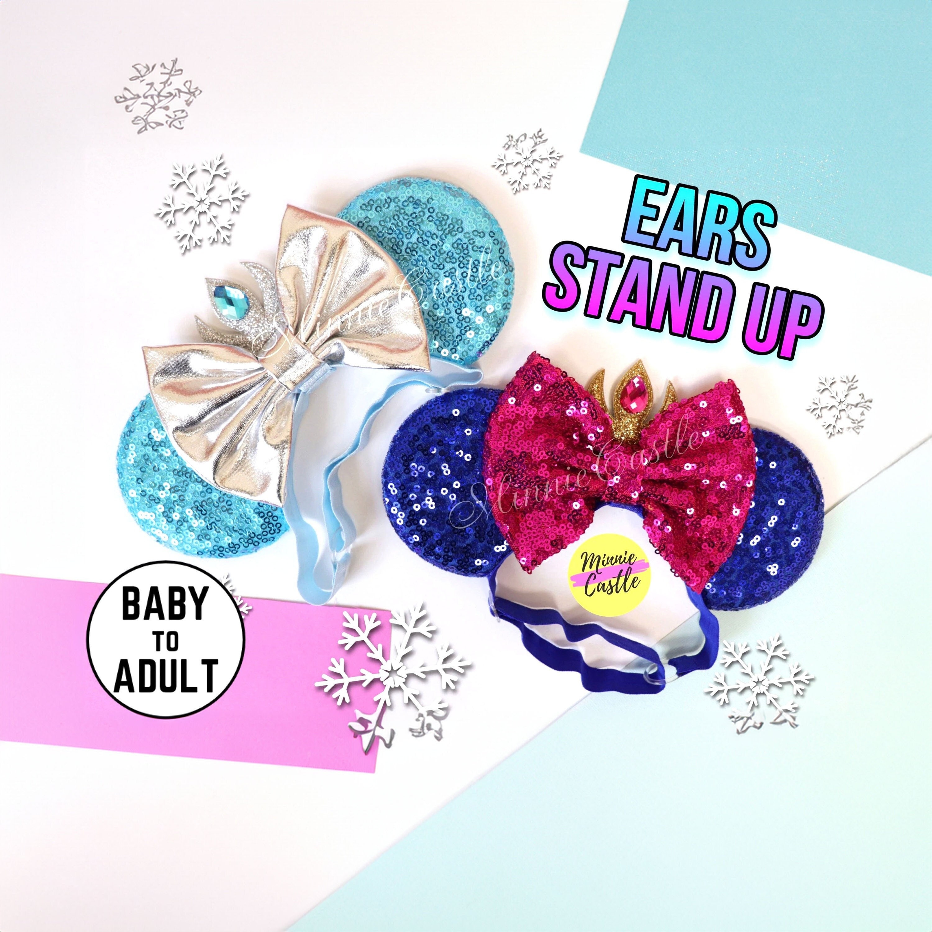Elsa and Anna Mickey Ears, Frozen Mouse Ears, Elsa Mickey Ears, Princess Ears, Minnie Ears, Mouse Ears with Elastic Headband, Mickey Ears