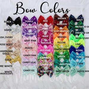 May include: A chart of 30 different colors of bows, each with a name written below it. The bows are made of sequins and are arranged in rows of five. The colors include black, silver, blush/ivory, rose gold, champagne gold, gold, pure white, white (iridescent), purple, lavender, lt purple, baby pink, peach, candy pink, candy lilac, candy ice, red, pink, rose, fuchsia, hot pink, rainbow, sprinkles, confetti, brown, maroon, deep orange, orange, yellow, yellow green, green, jade(teal), mint green, navy, mermaid green, emerald green, neon y/green, lime, royal, turquoise, cyan, matte mint.
