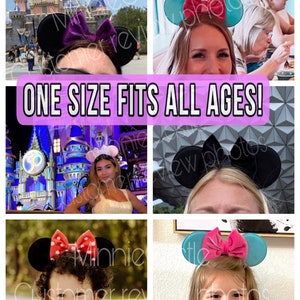 May include: A collage of headbands featuring round ears and a central bow in various colors and patterns, including black, red with white polka dots, and teal. The text ONE SIZE FITS ALL AGES! is displayed in a purple banner across the center.