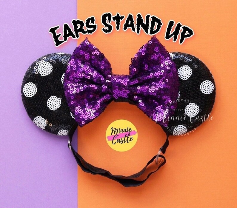 Halloween Minnie Ears Elastic Headband, Baby & Toddler Mickey Ears, Black White Polka Dots Mouse Ears, Purple Bow, Comfortable Stretch Band