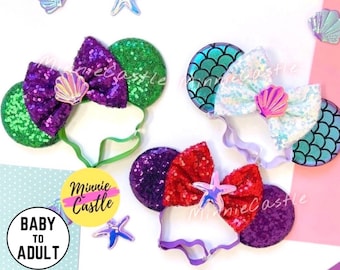 Mermaid Ears with Elastic Headband, Mermaid Mickey Ears, Mickey Ears, Baby Toddlers Minnie Ears, Minnie Ears, Mermaid Ears, Ariel Ears