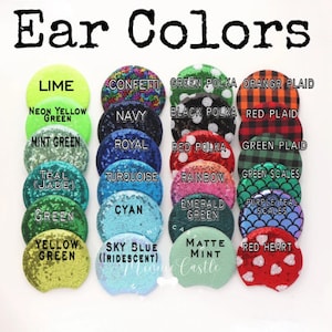May include: A variety of colors of sequin fabric ear headbands. The colors include lime, neon yellow green, mint green, teal, green, yellow green, confetti, navy, royal, turquoise, cyan, sky blue, black polka dot, red polka dot, rainbow, emerald green, matte mint, green plaid, orange plaid, red plaid, green scales, purple teal scales, and red heart.