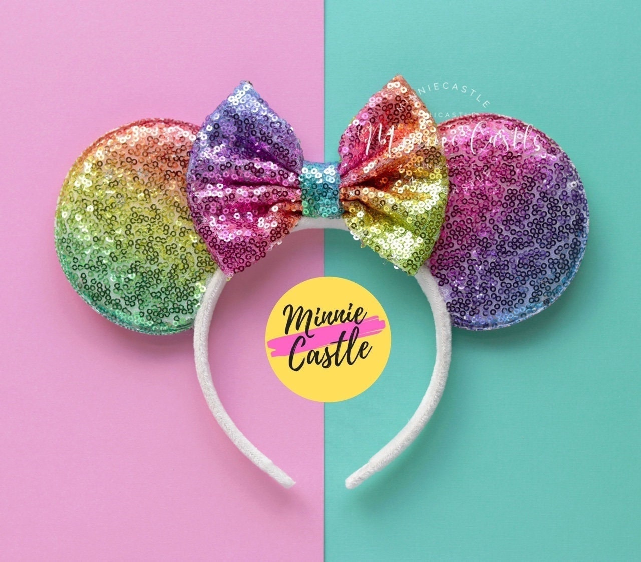Minnie Mouse Sequin Ear Headband – Pastel Rainbow Tie Dye Sequin Disney Minnie Pastel Rainbow Ears - Minnie Mouse Pastel  main image 4