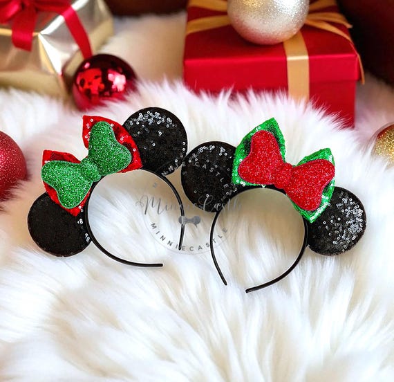 Holiday Christmas Sequin Bow Ears Headband Sparkly Christmas Ears Red and Green Sequin Mouse Ear  main image 4