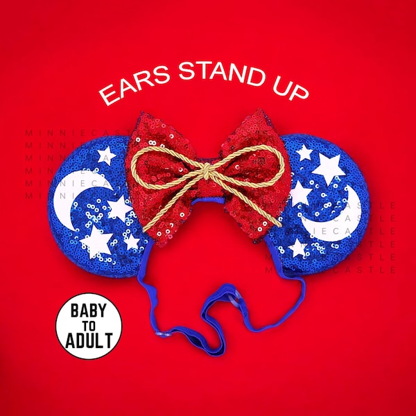 Blue & Red Sorcerer Mouse Ears, Fantasmic Mickey Ears Elastic Headband, Minnie Ears for Babies Kids and Adults, Stars and Moon, 4th Of July
