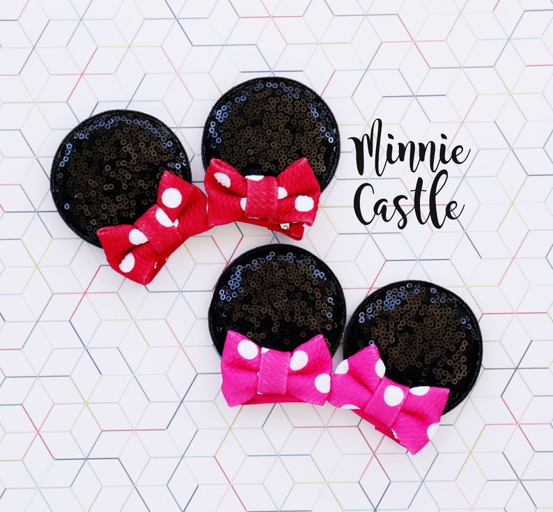 Minnie Mouse hair clip ears Minnie ear clips Hot pink polka Etsy