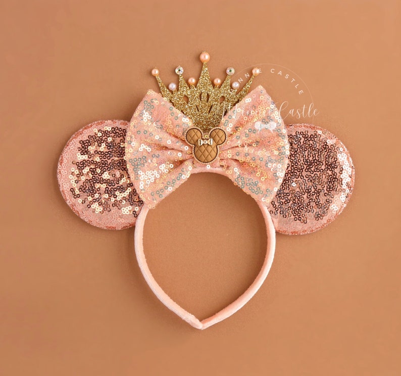 Rose Gold Mickey Ears with Crown, Minnie Ears, Mickey Ears, Princess Ears, Rose Gold Mouse Ears Headband, Birthday Ears, Mickey Ears RoseGold/Large Crown